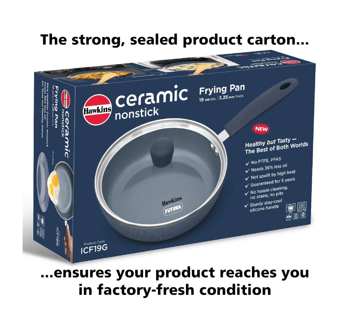 Hawkins Ceramic Nonstick Frying Pan, 19 cm Diameter, Induction Fry Pan with Glass Lid, Granite Omlette Egg Pan (ICF19G)