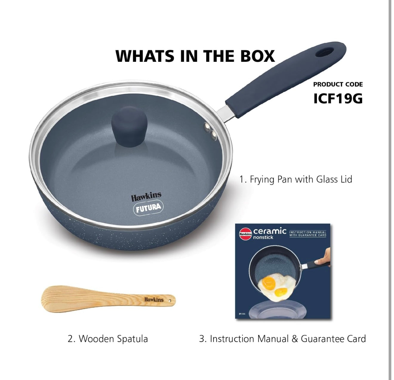 Hawkins Ceramic Nonstick Frying Pan, 19 cm Diameter, Induction Fry Pan with Glass Lid, Granite Omlette Egg Pan (ICF19G)