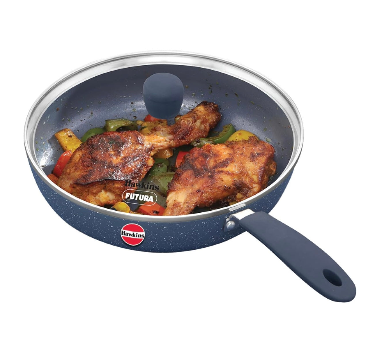 Hawkins Ceramic Nonstick Fry Pan, 23 cm Diameter, Induction Fry Pan with Glass Lid, Granite Omlette Egg Pan, Blue (ICF23G)