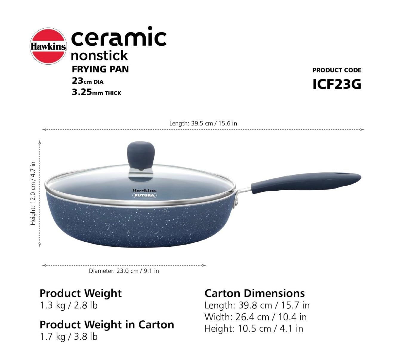 Hawkins Ceramic Nonstick Fry Pan, 23 cm Diameter, Induction Fry Pan with Glass Lid, Granite Omlette Egg Pan, Blue (ICF23G)