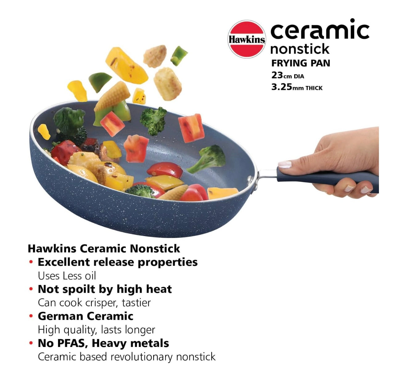Hawkins Ceramic Nonstick Fry Pan, 23 cm Diameter, Induction Fry Pan with Glass Lid, Granite Omlette Egg Pan, Blue (ICF23G)