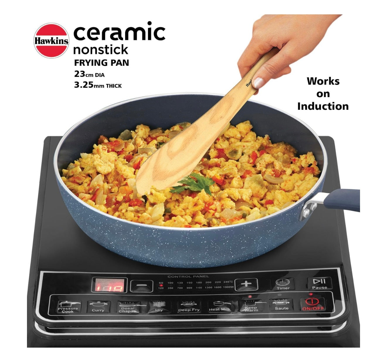 Hawkins Ceramic Nonstick Fry Pan, 23 cm Diameter, Induction Fry Pan with Glass Lid, Granite Omlette Egg Pan, Blue (ICF23G)