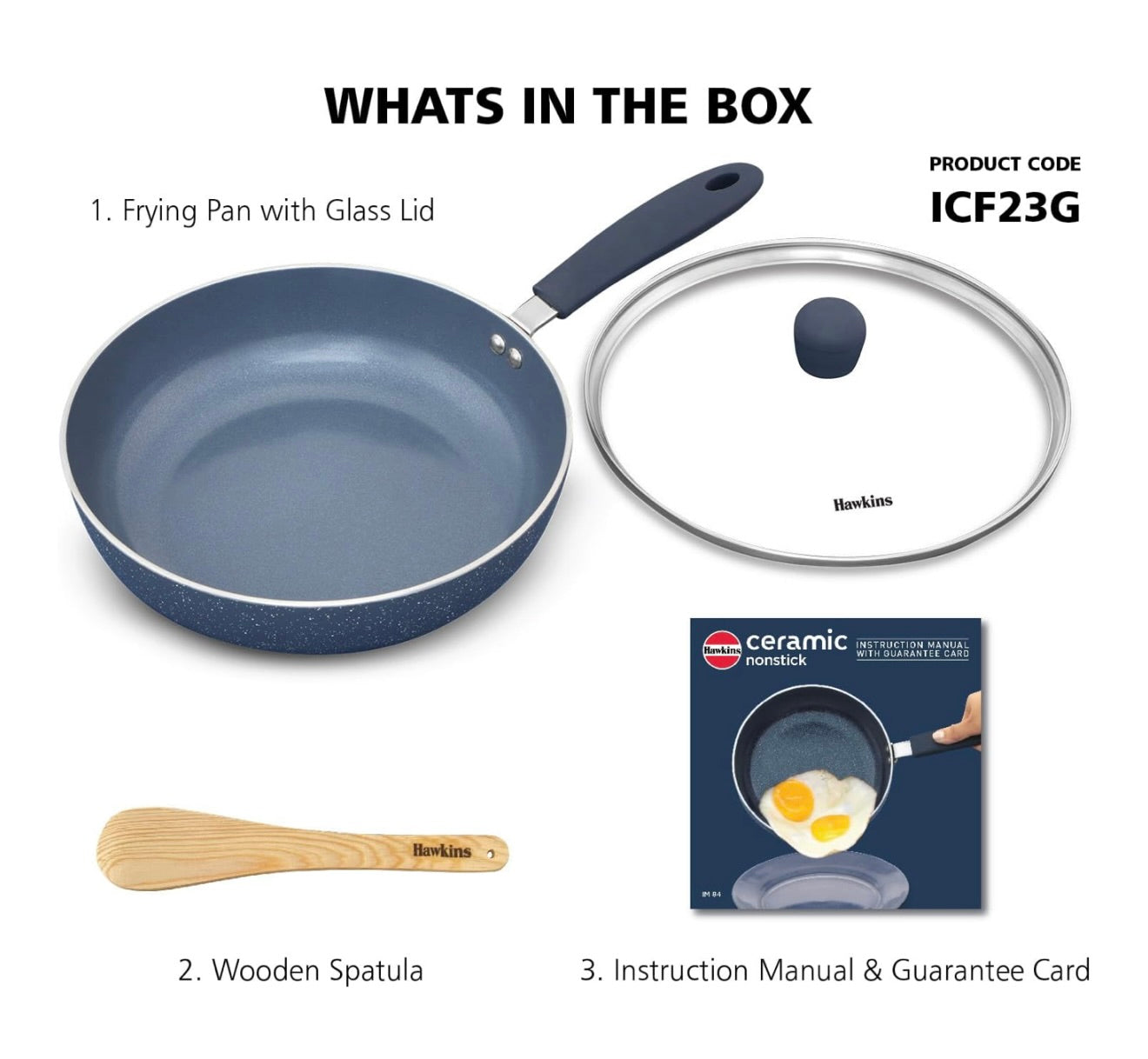 Hawkins Ceramic Nonstick Fry Pan, 23 cm Diameter, Induction Fry Pan with Glass Lid, Granite Omlette Egg Pan, Blue (ICF23G)