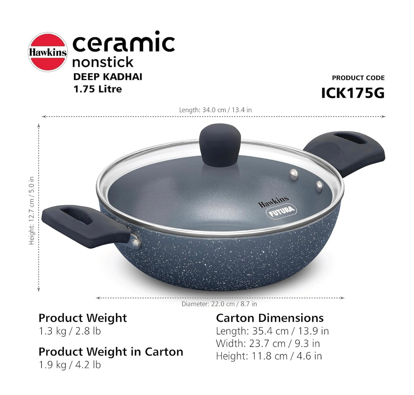 Hawkins Ceramic Nonstick 1.75 Litre Deep Kadhai, Induction Deep Fry Pan with Glass Lid, Granite Kadai (ICK175G)