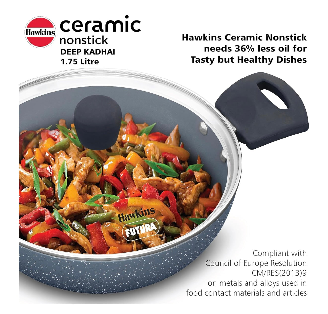 Hawkins Ceramic Nonstick 1.75 Litre Deep Kadhai, Induction Deep Fry Pan with Glass Lid, Granite Kadai (ICK175G)