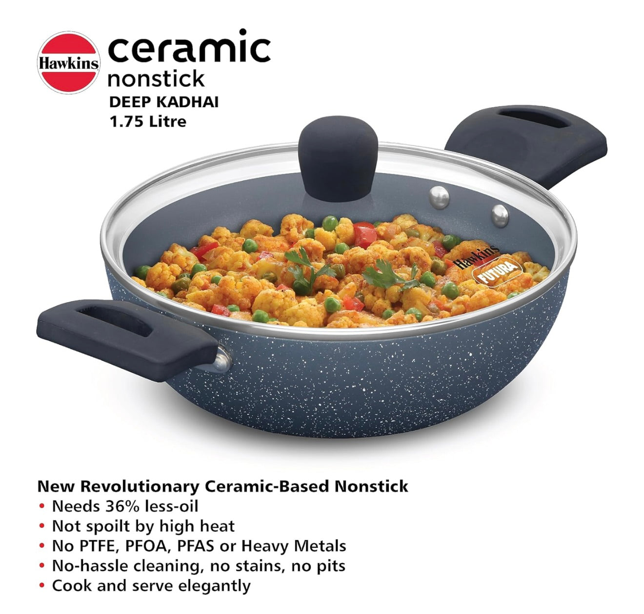 Hawkins Ceramic Nonstick 1.75 Litre Deep Kadhai, Induction Deep Fry Pan with Glass Lid, Granite Kadai (ICK175G)