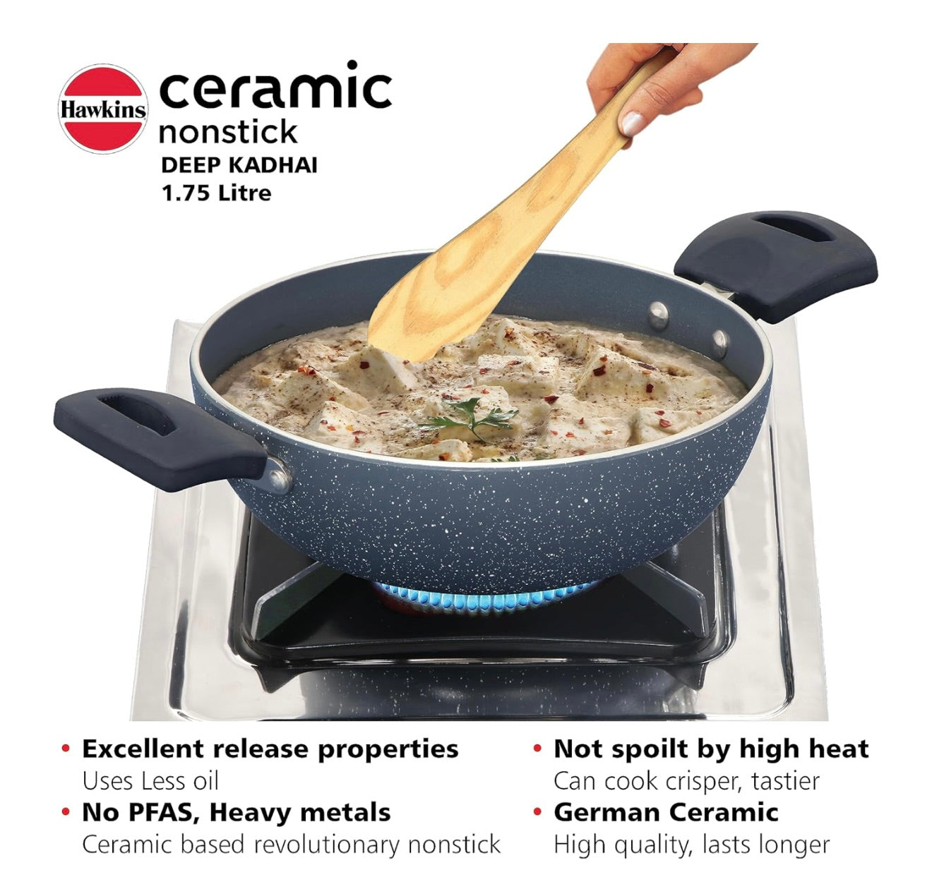 Hawkins Ceramic Nonstick 1.75 Litre Deep Kadhai, Induction Deep Fry Pan with Glass Lid, Granite Kadai (ICK175G)