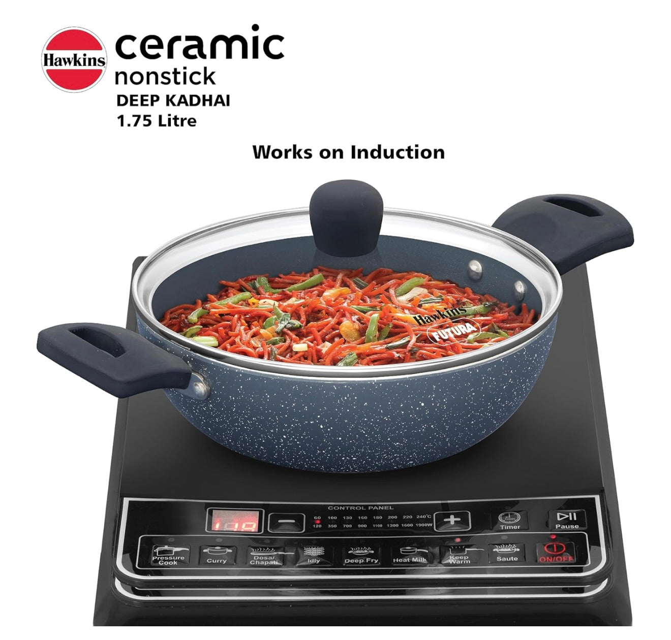 Hawkins Ceramic Nonstick 1.75 Litre Deep Kadhai, Induction Deep Fry Pan with Glass Lid, Granite Kadai (ICK175G)