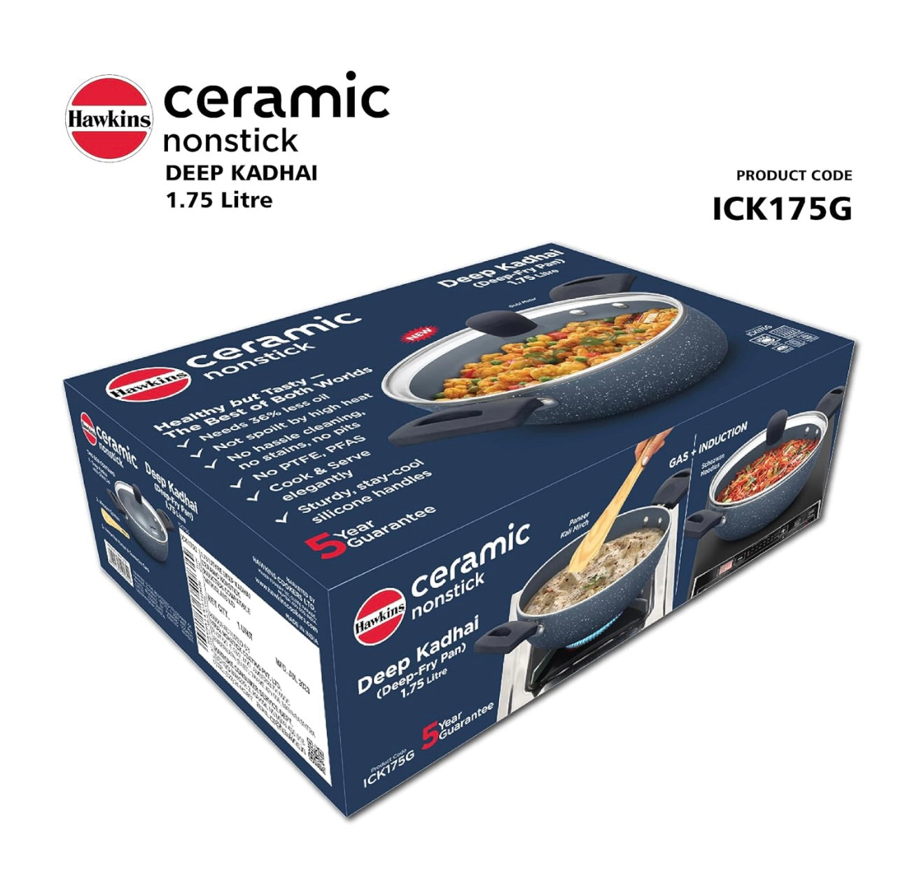 Hawkins Ceramic Nonstick 1.75 Litre Deep Kadhai, Induction Deep Fry Pan with Glass Lid, Granite Kadai (ICK175G)