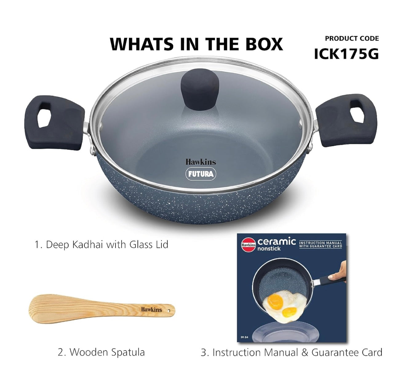 Hawkins Ceramic Nonstick 1.75 Litre Deep Kadhai, Induction Deep Fry Pan with Glass Lid, Granite Kadai (ICK175G)