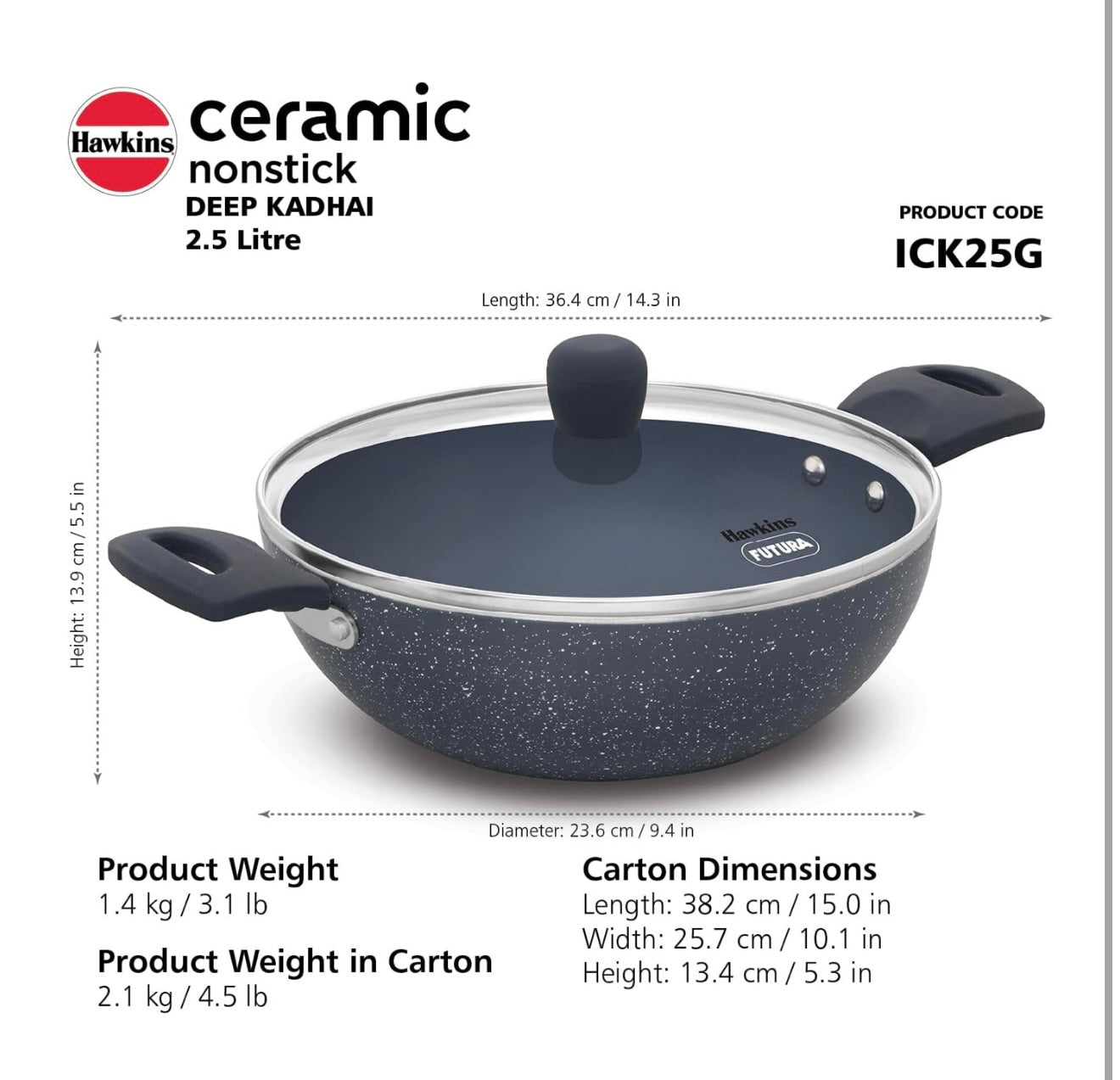 Hawkins Ceramic Nonstick 2.5 Litre Deep Kadhai, Induction Deep Fry Pan with Glass Lid, Granite Kadai (ICK25G)