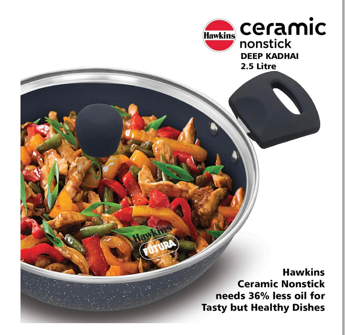 Hawkins Ceramic Nonstick 2.5 Litre Deep Kadhai, Induction Deep Fry Pan with Glass Lid, Granite Kadai (ICK25G)