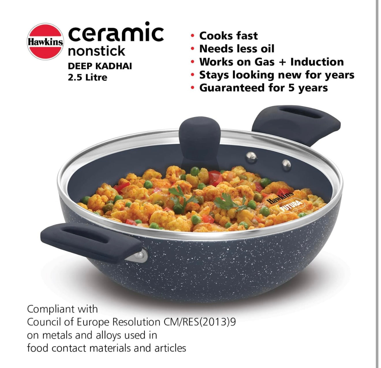 Hawkins Ceramic Nonstick 2.5 Litre Deep Kadhai, Induction Deep Fry Pan with Glass Lid, Granite Kadai (ICK25G)