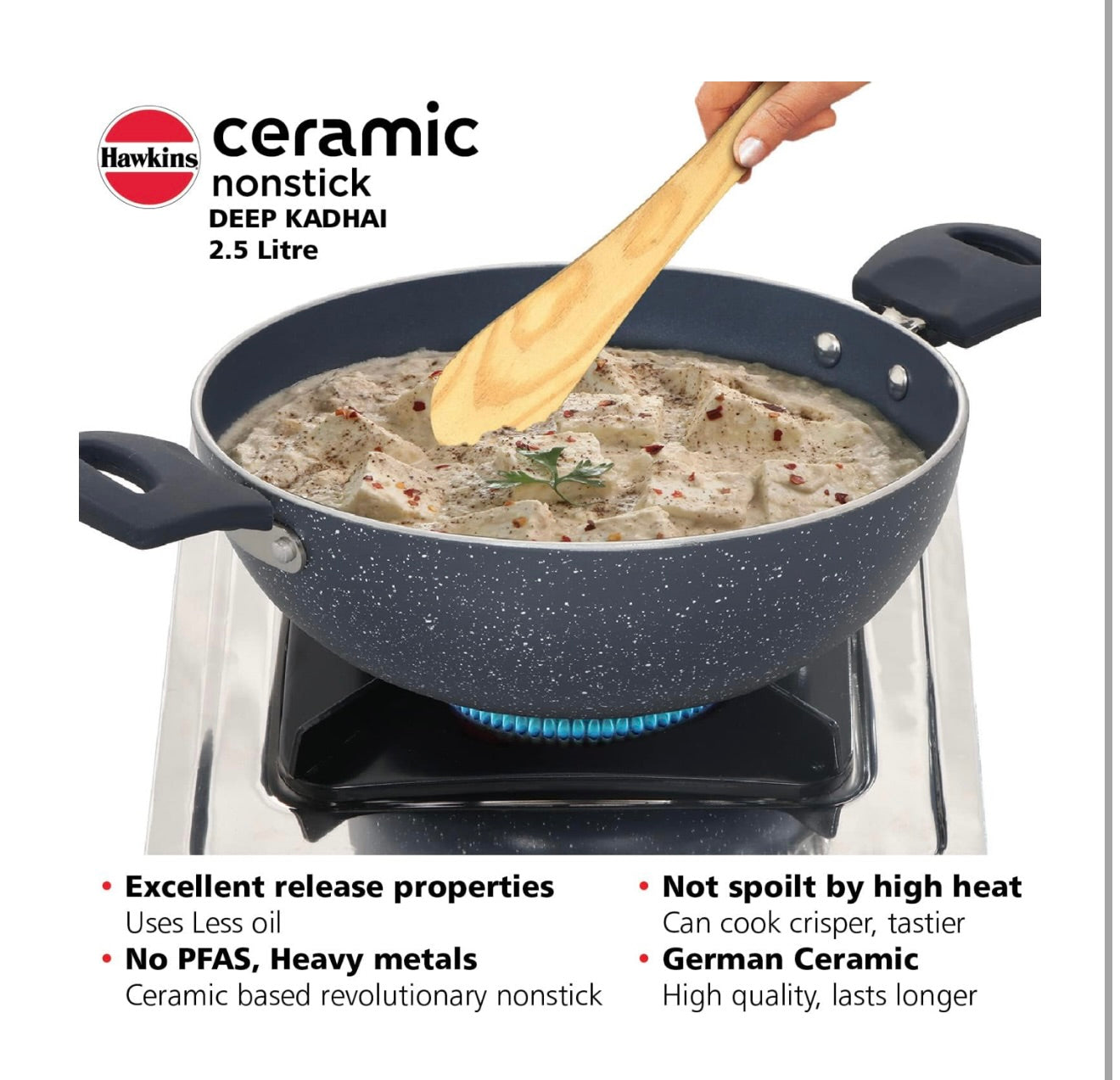 Hawkins Ceramic Nonstick 2.5 Litre Deep Kadhai, Induction Deep Fry Pan with Glass Lid, Granite Kadai (ICK25G)