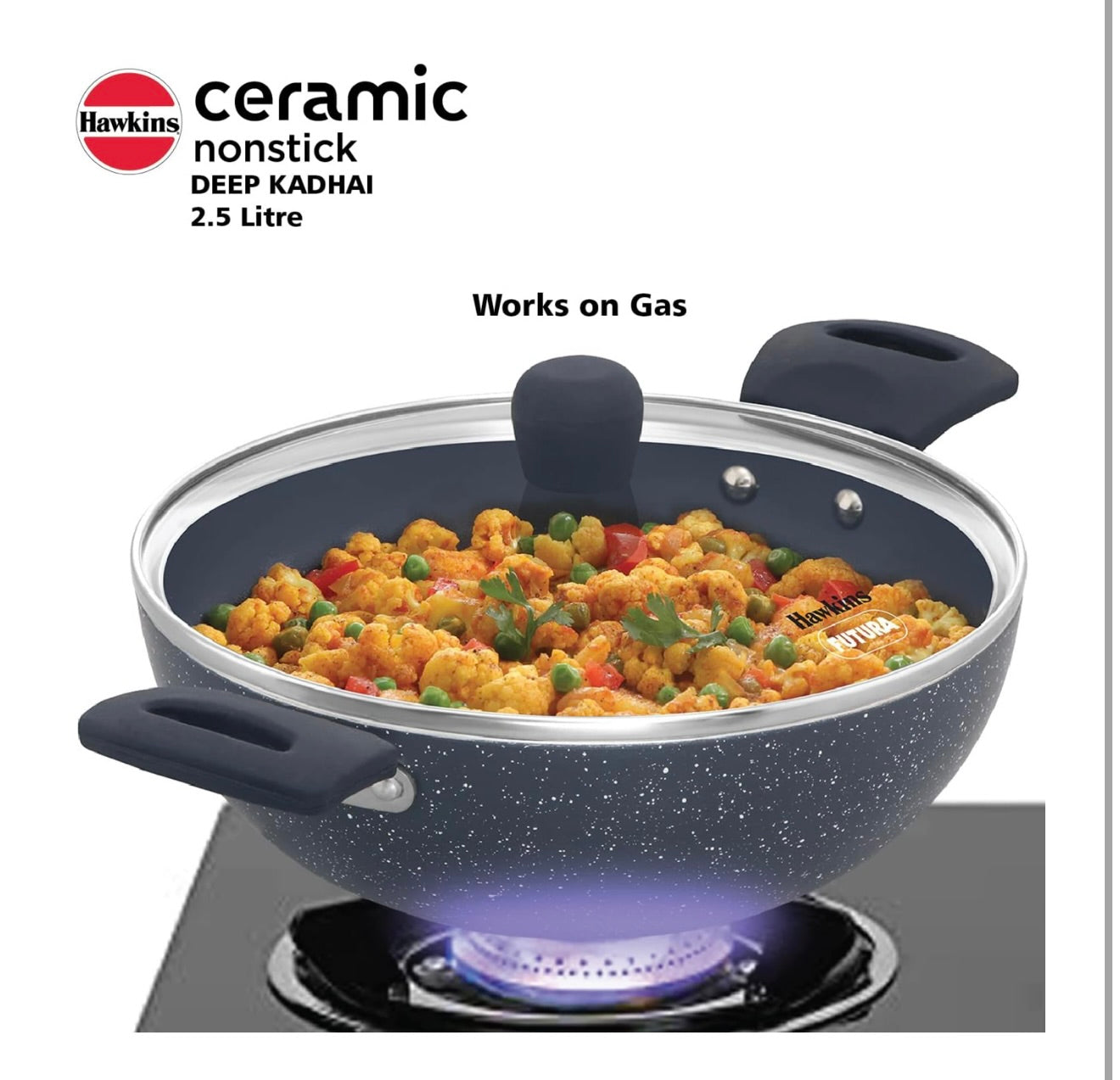 Hawkins Ceramic Nonstick 2.5 Litre Deep Kadhai, Induction Deep Fry Pan with Glass Lid, Granite Kadai (ICK25G)