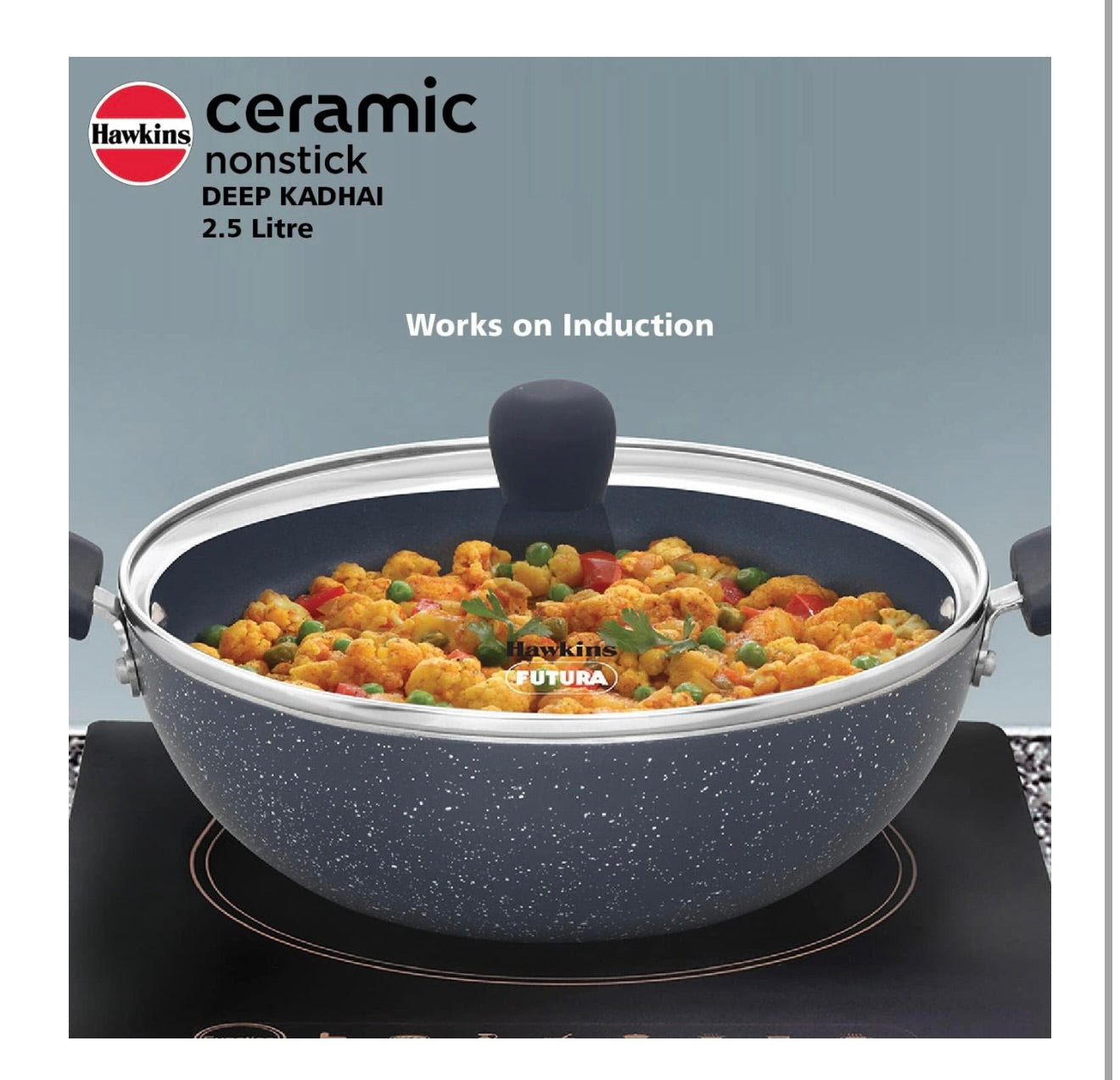 Hawkins Ceramic Nonstick 2.5 Litre Deep Kadhai, Induction Deep Fry Pan with Glass Lid, Granite Kadai (ICK25G)