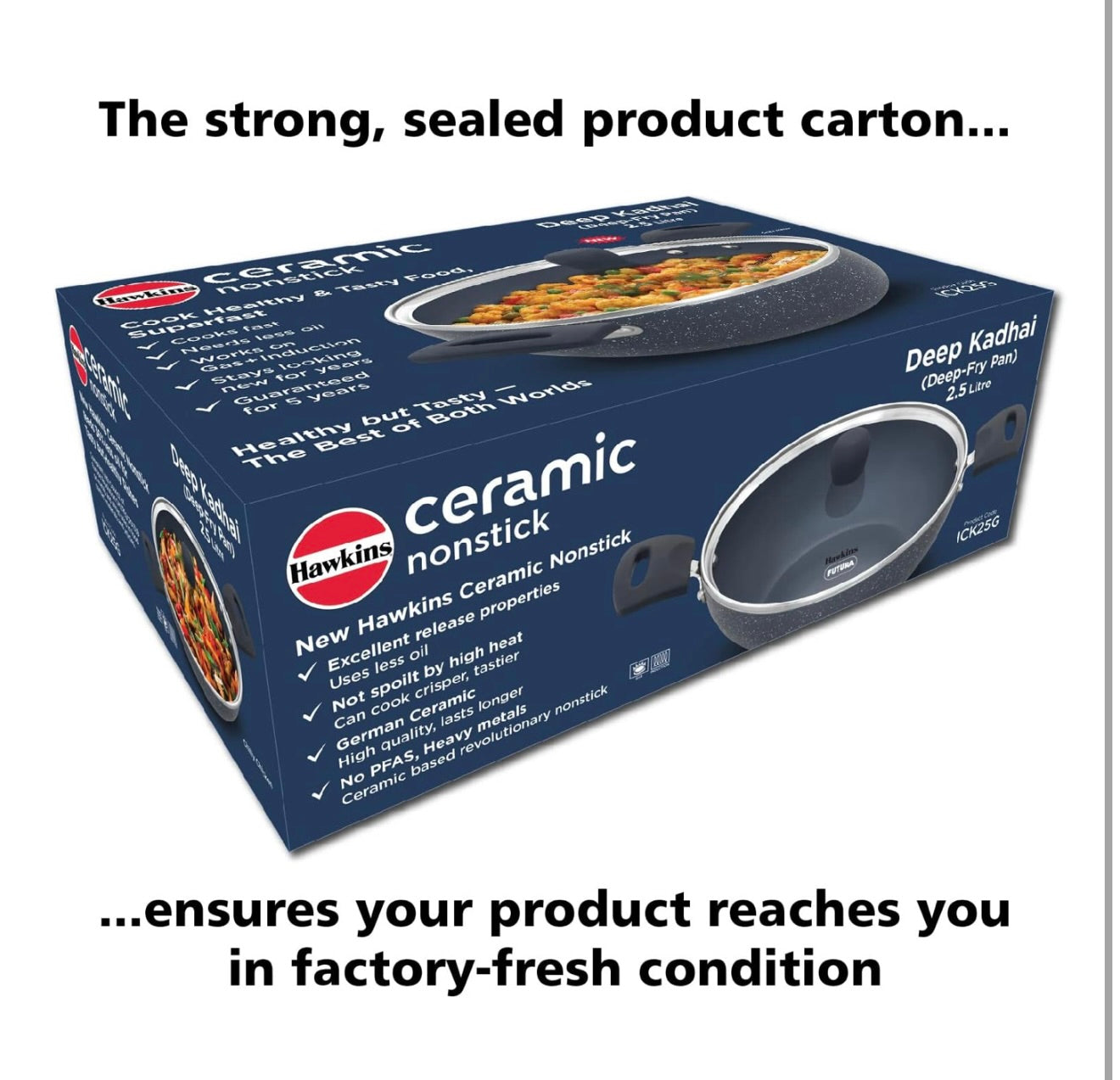 Hawkins Ceramic Nonstick 2.5 Litre Deep Kadhai, Induction Deep Fry Pan with Glass Lid, Granite Kadai (ICK25G)