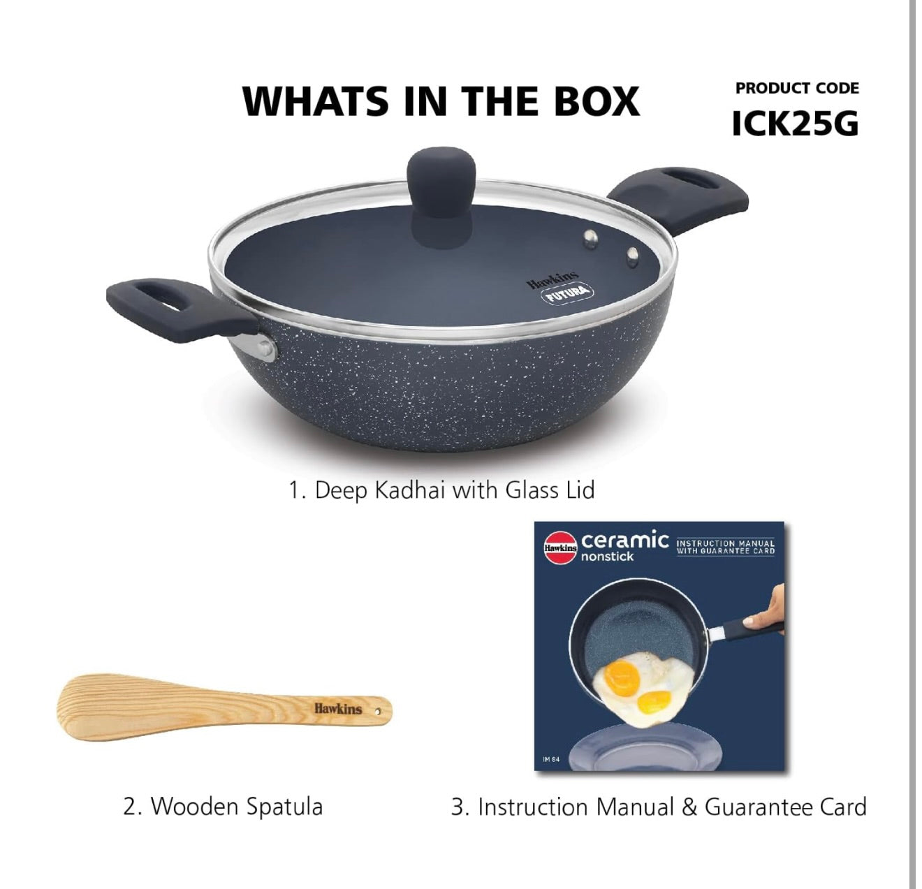 Hawkins Ceramic Nonstick 2.5 Litre Deep Kadhai, Induction Deep Fry Pan with Glass Lid, Granite Kadai (ICK25G)