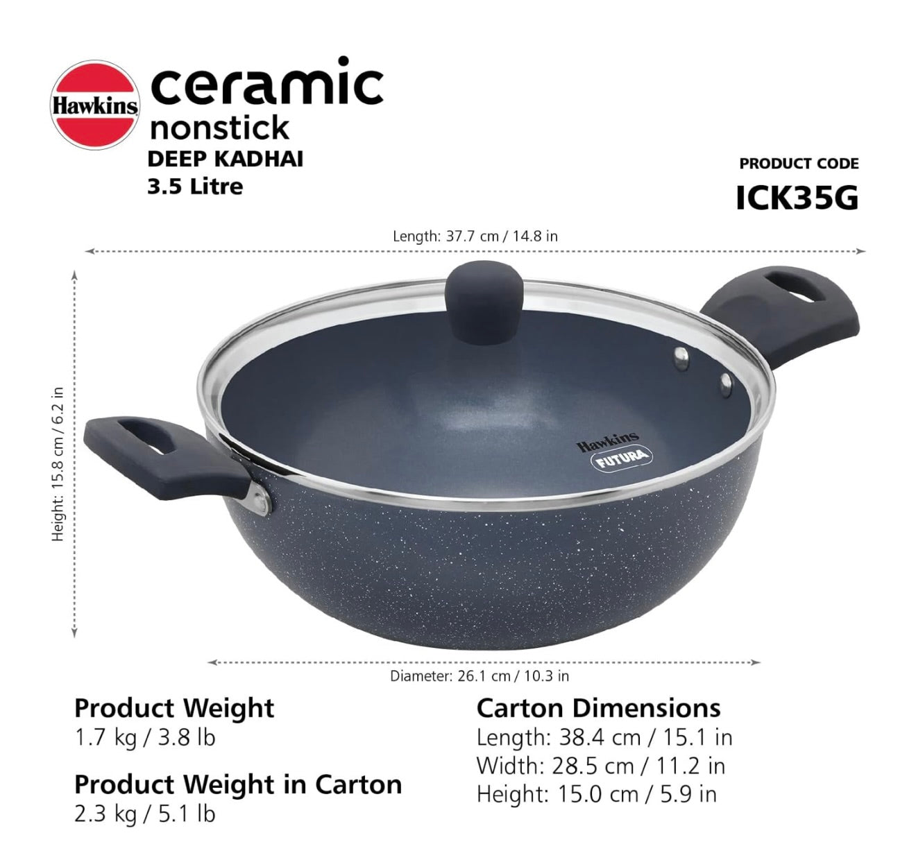 Hawkins Ceramic Nonstick 3.5 Litre Deep Kadhai, Induction Deep Fry Pan with Glass Lid, Granite Kadai (ICK35G)