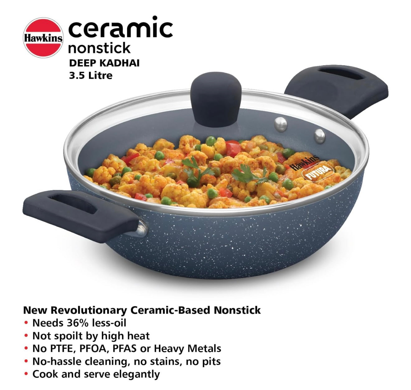 Hawkins Ceramic Nonstick 3.5 Litre Deep Kadhai, Induction Deep Fry Pan with Glass Lid, Granite Kadai (ICK35G)