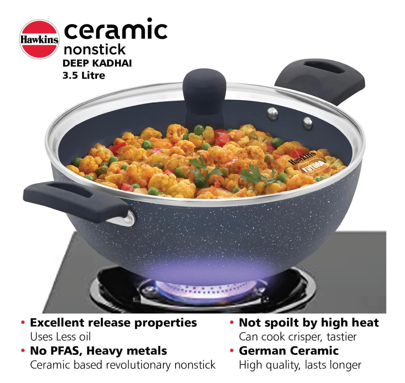 Hawkins Ceramic Nonstick 3.5 Litre Deep Kadhai, Induction Deep Fry Pan with Glass Lid, Granite Kadai (ICK35G)