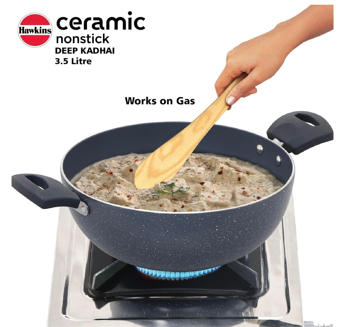 Hawkins Ceramic Nonstick 3.5 Litre Deep Kadhai, Induction Deep Fry Pan with Glass Lid, Granite Kadai (ICK35G)
