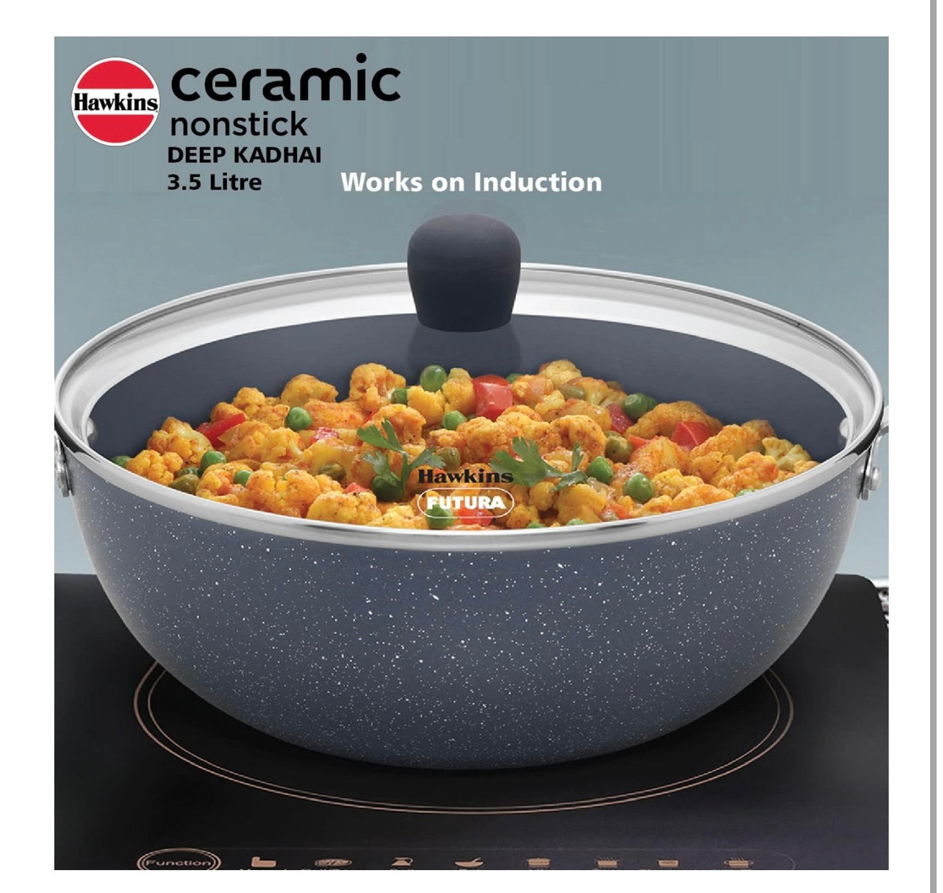 Hawkins Ceramic Nonstick 3.5 Litre Deep Kadhai, Induction Deep Fry Pan with Glass Lid, Granite Kadai (ICK35G)