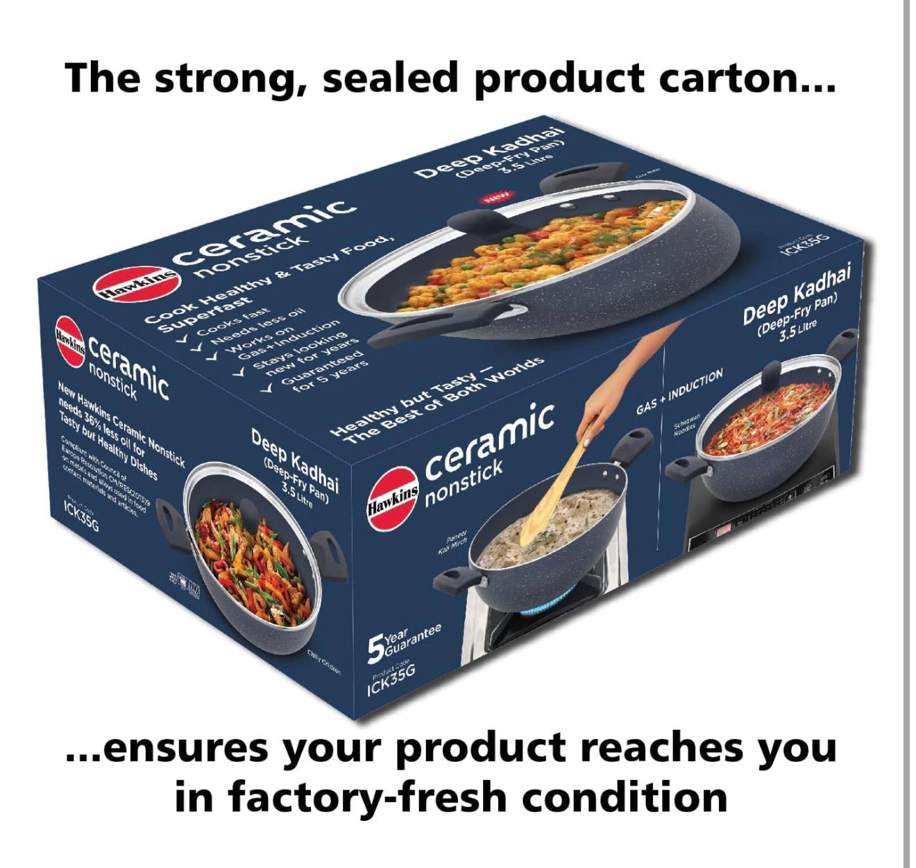 Hawkins Ceramic Nonstick 3.5 Litre Deep Kadhai, Induction Deep Fry Pan with Glass Lid, Granite Kadai (ICK35G)