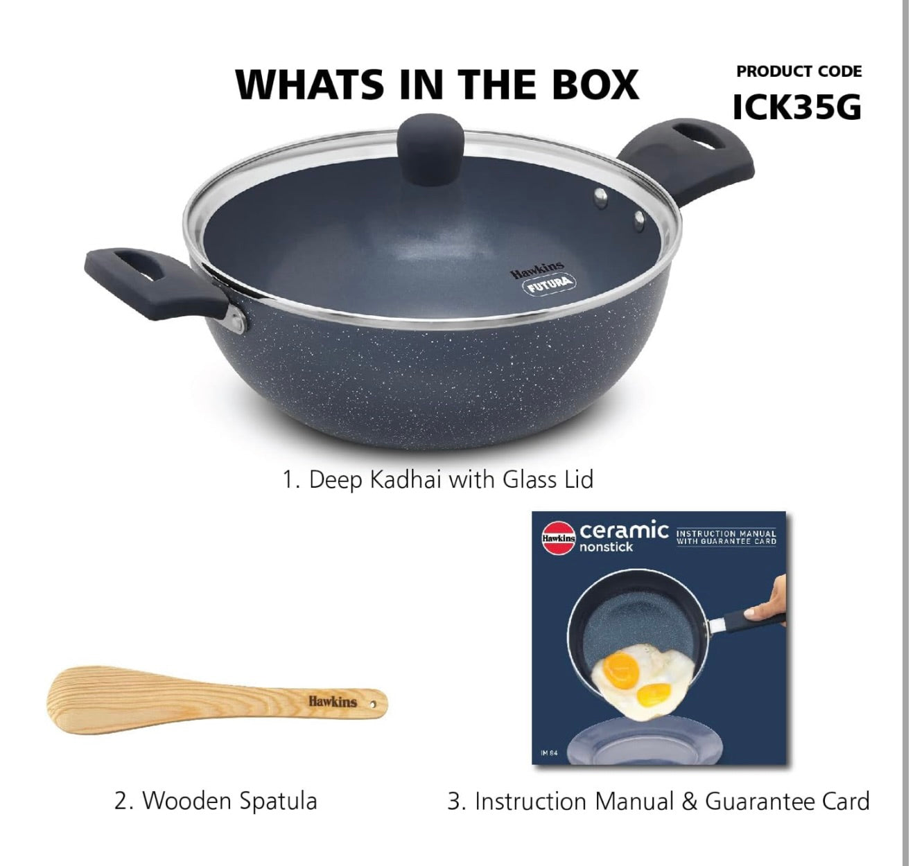 Hawkins Ceramic Nonstick 3.5 Litre Deep Kadhai, Induction Deep Fry Pan with Glass Lid, Granite Kadai (ICK35G)
