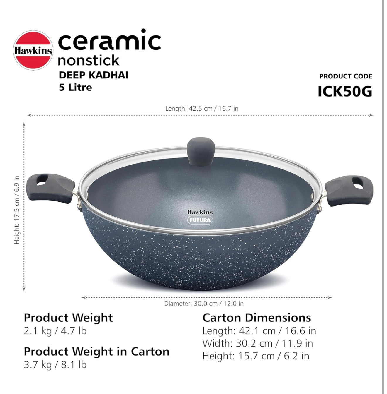 Hawkins Ceramic Nonstick 5 Litre Deep Kadhai, Induction Deep Fry Pan with Glass Lid, Granite Kadai (ICK50G)