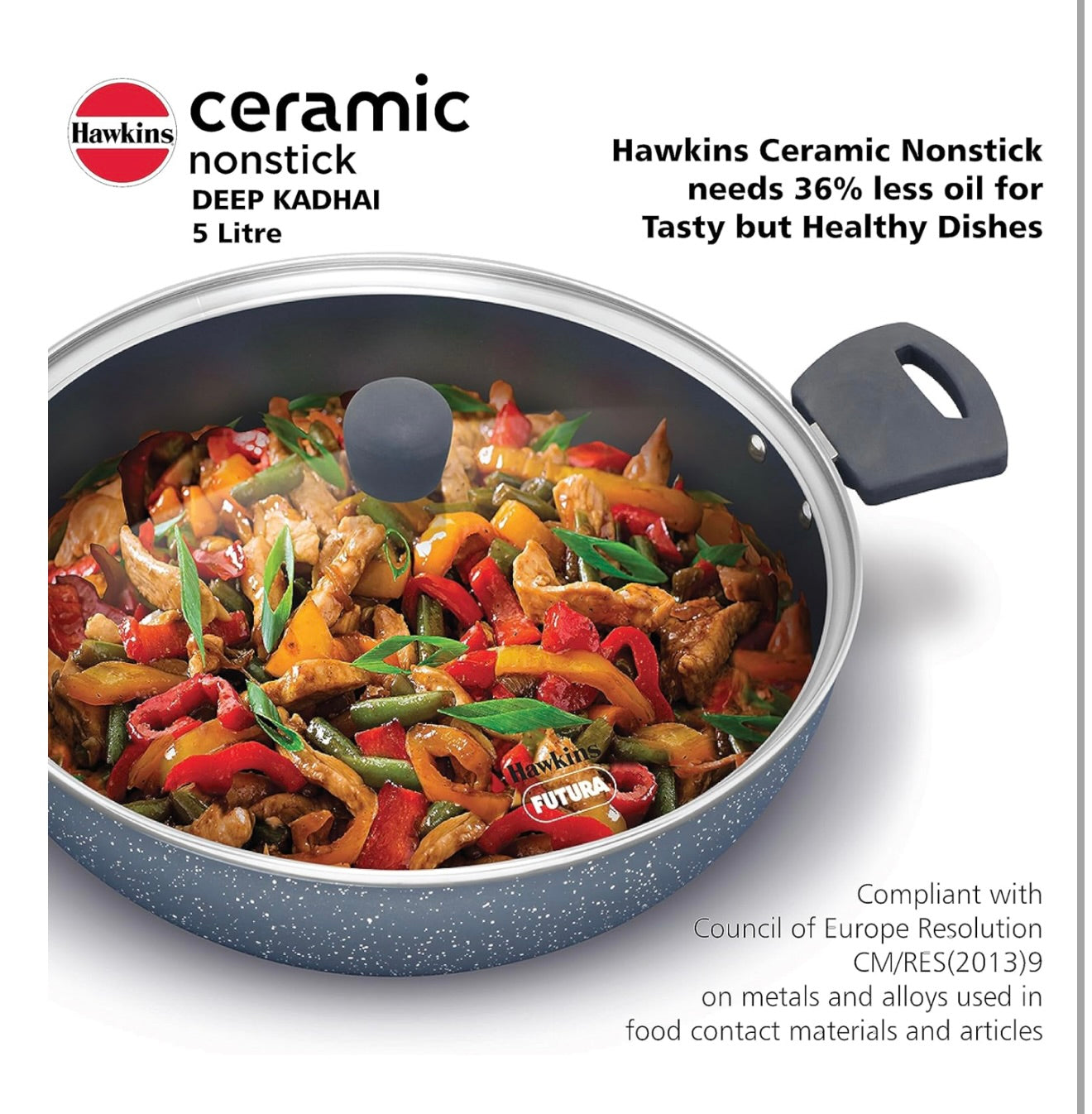 Hawkins Ceramic Nonstick 5 Litre Deep Kadhai, Induction Deep Fry Pan with Glass Lid, Granite Kadai (ICK50G)