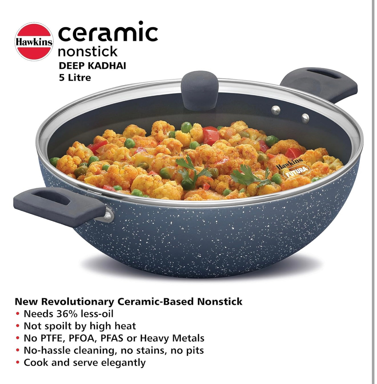 Hawkins Ceramic Nonstick 5 Litre Deep Kadhai, Induction Deep Fry Pan with Glass Lid, Granite Kadai (ICK50G)