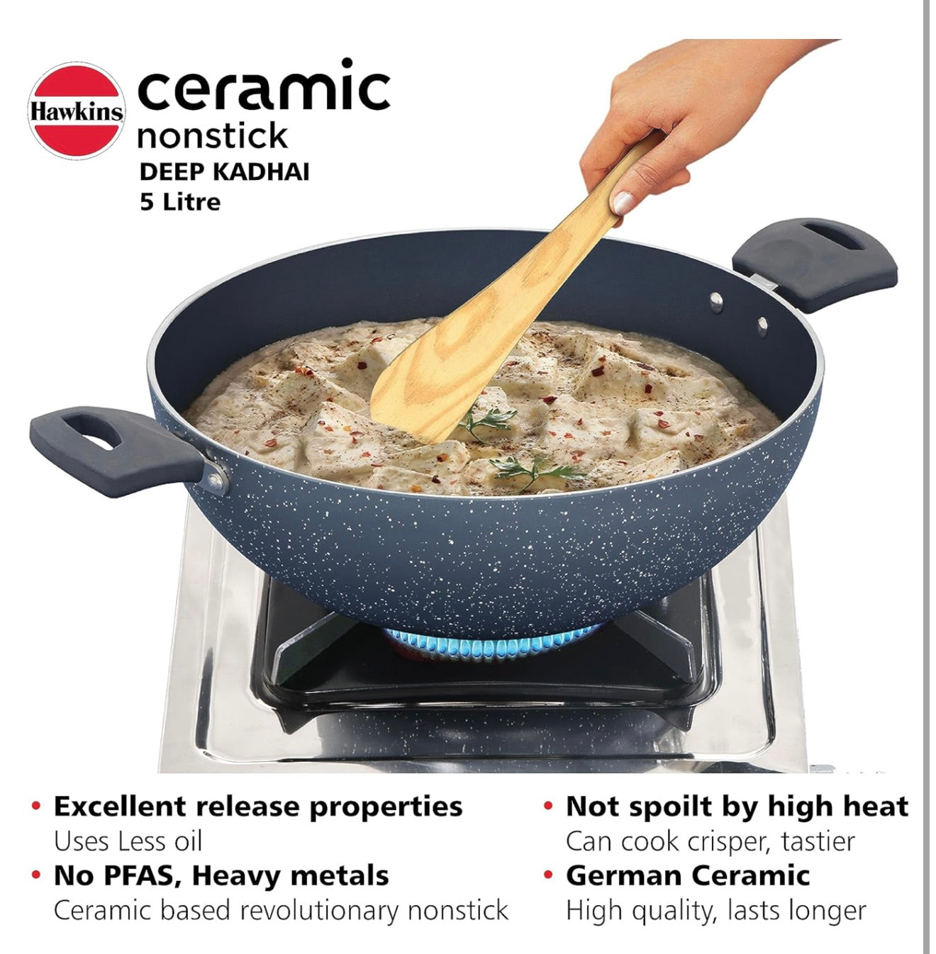 Hawkins Ceramic Nonstick 5 Litre Deep Kadhai, Induction Deep Fry Pan with Glass Lid, Granite Kadai (ICK50G)