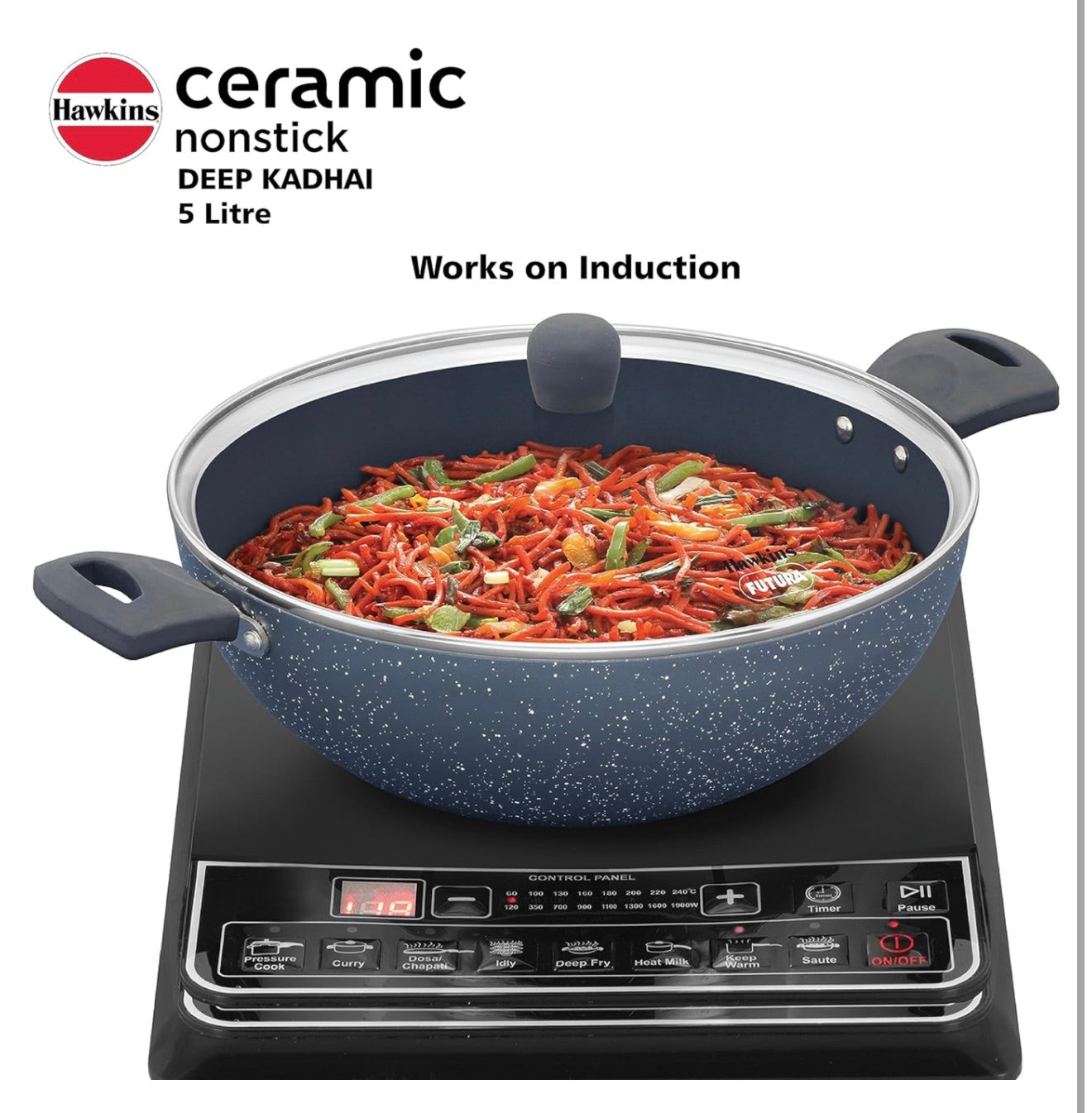 Hawkins Ceramic Nonstick 5 Litre Deep Kadhai, Induction Deep Fry Pan with Glass Lid, Granite Kadai (ICK50G)