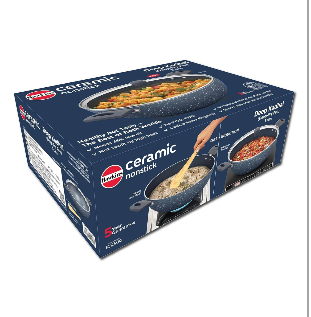 Hawkins Ceramic Nonstick 5 Litre Deep Kadhai, Induction Deep Fry Pan with Glass Lid, Granite Kadai (ICK50G)