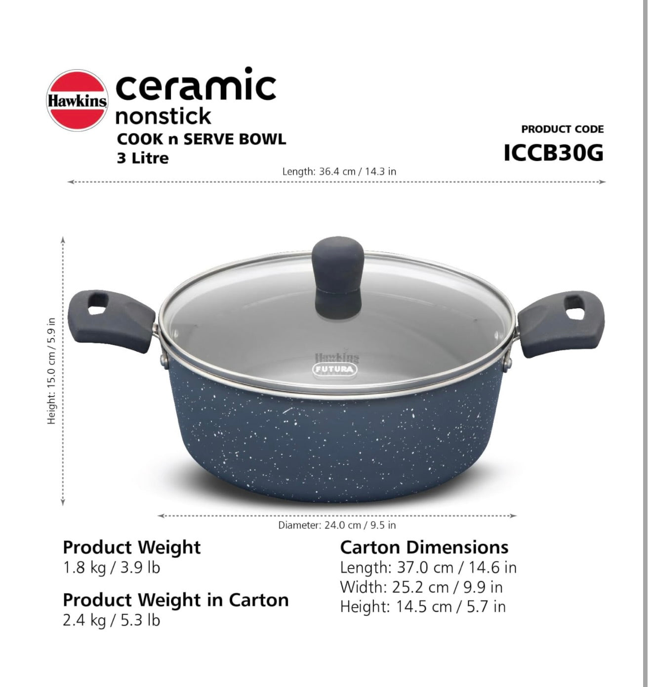 Hawkins Ceramic Nonstick Cook n Serve Bowl with Glass Lid, 3 Litre, Induction Pot, Granite Casserole (ICCB30G)