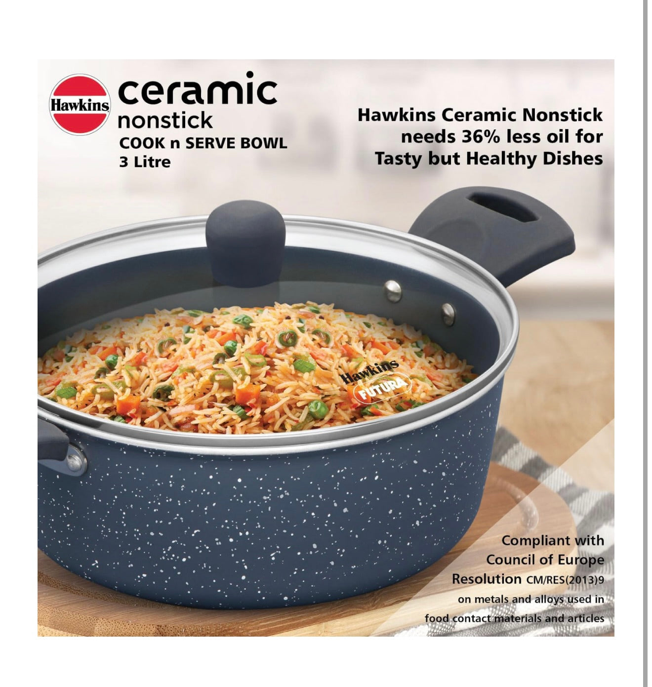 Hawkins Ceramic Nonstick Cook n Serve Bowl with Glass Lid, 3 Litre, Induction Pot, Granite Casserole (ICCB30G)