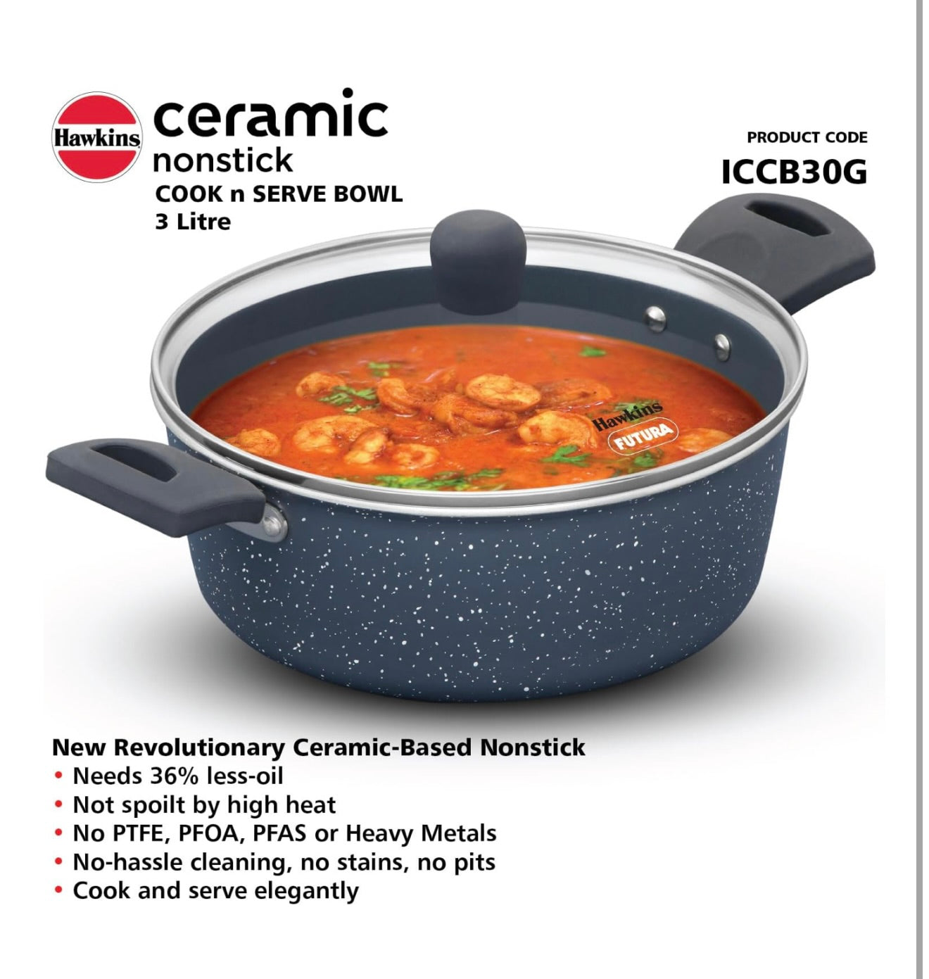 Hawkins Ceramic Nonstick Cook n Serve Bowl with Glass Lid, 3 Litre, Induction Pot, Granite Casserole (ICCB30G)