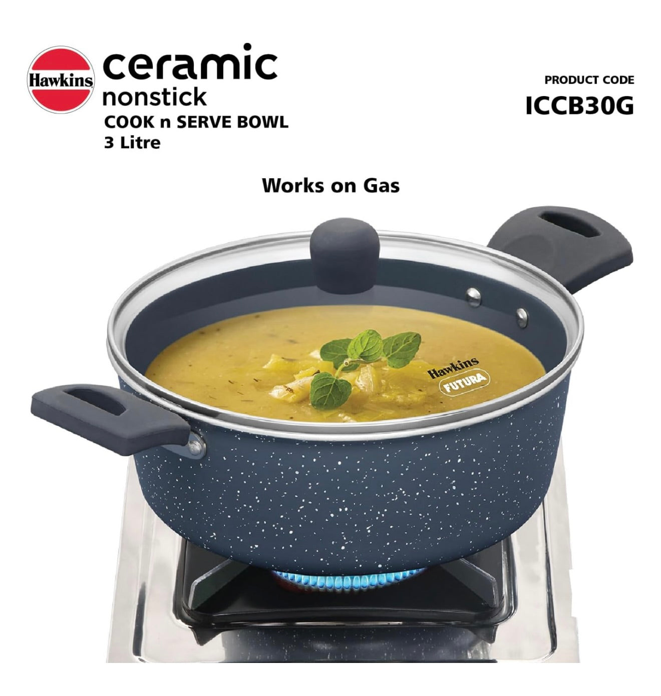 Hawkins Ceramic Nonstick Cook n Serve Bowl with Glass Lid, 3 Litre, Induction Pot, Granite Casserole (ICCB30G)