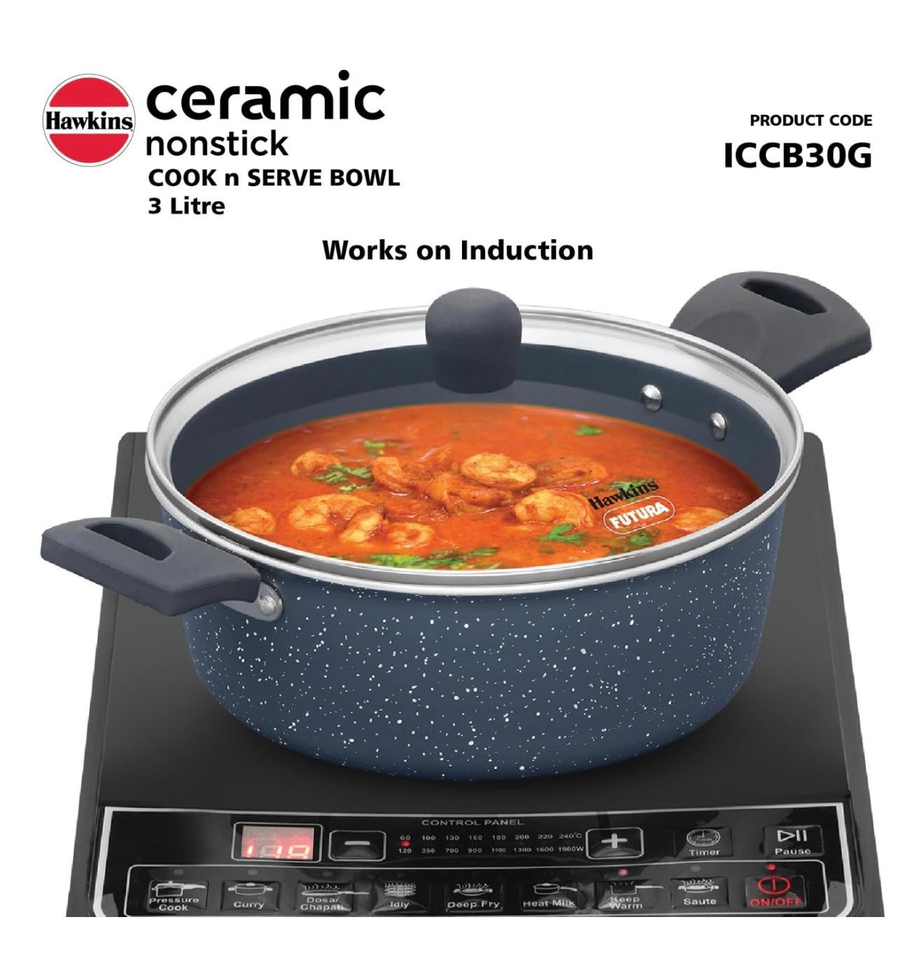 Hawkins Ceramic Nonstick Cook n Serve Bowl with Glass Lid, 3 Litre, Induction Pot, Granite Casserole (ICCB30G)
