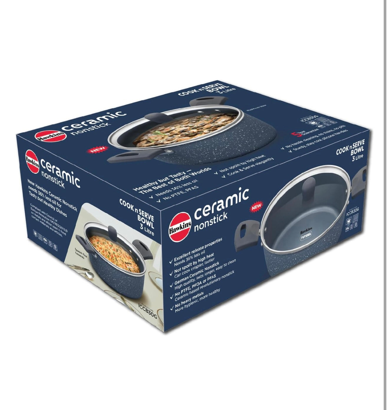 Hawkins Ceramic Nonstick Cook n Serve Bowl with Glass Lid, 3 Litre, Induction Pot, Granite Casserole (ICCB30G)