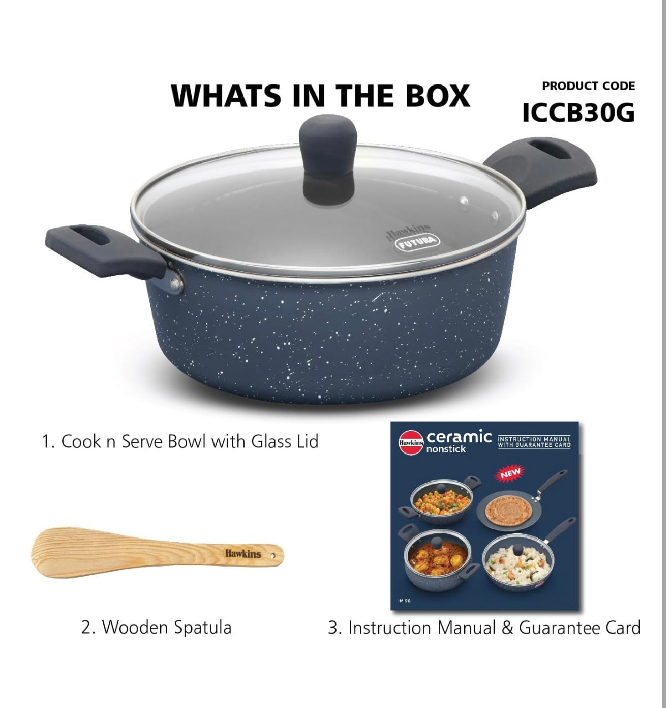 Hawkins Ceramic Nonstick Cook n Serve Bowl with Glass Lid, 3 Litre, Induction Pot, Granite Casserole (ICCB30G)