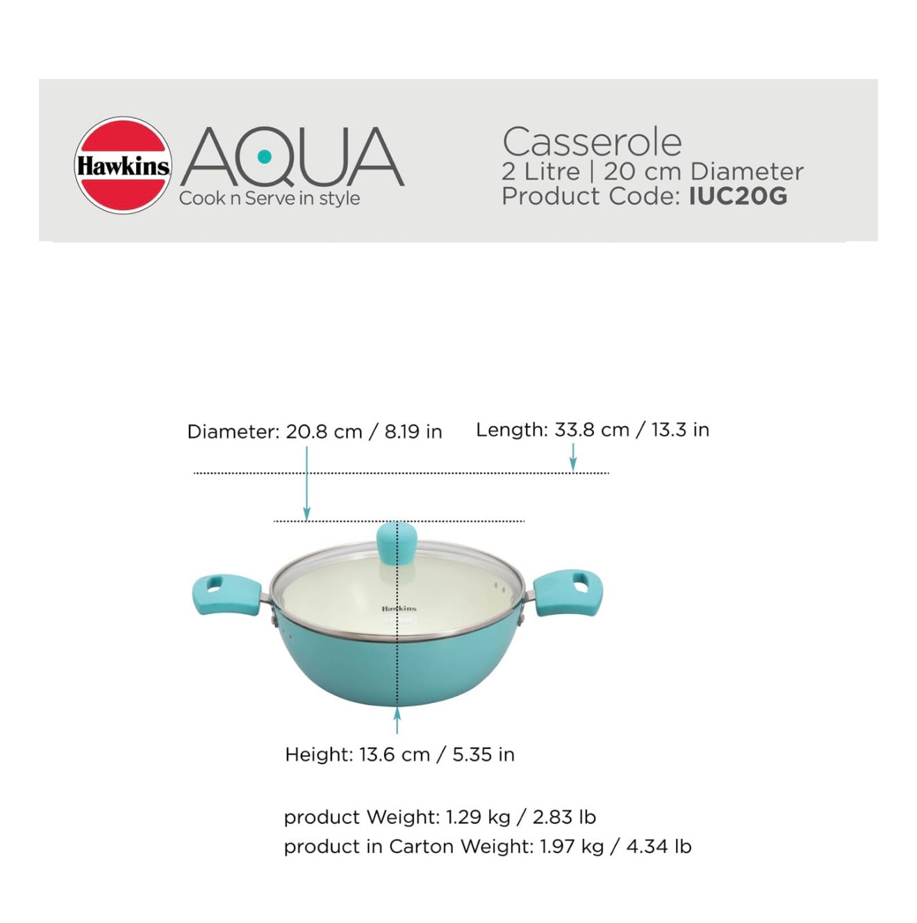 Hawkins 2 Litre Cook n Serve Casserole, Aqua Casserole with Glass Lid, Aqua Blue (IUC20G)