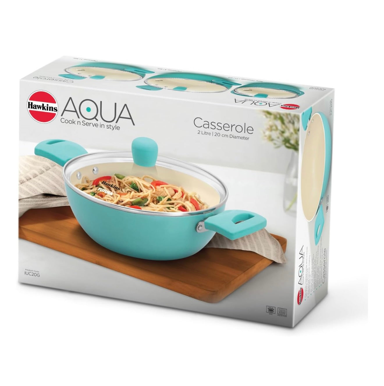 Hawkins 2 Litre Cook n Serve Casserole, Aqua Casserole with Glass Lid, Aqua Blue (IUC20G)
