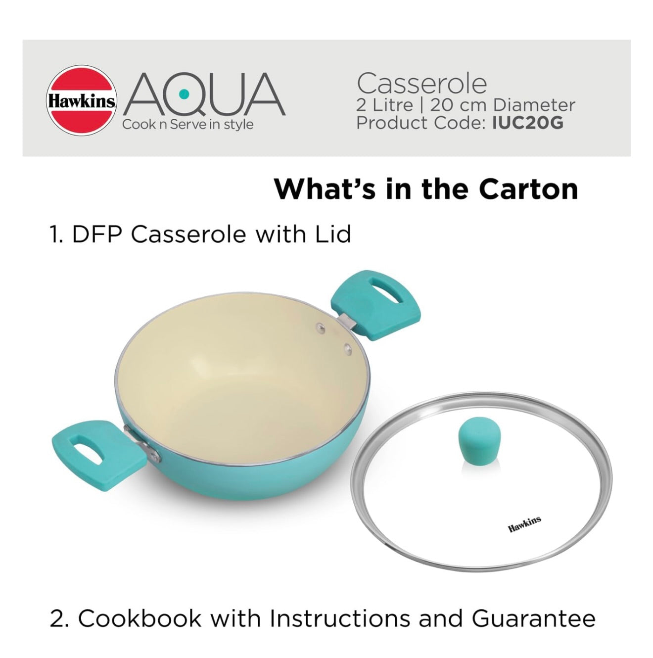 Hawkins 2 Litre Cook n Serve Casserole, Aqua Casserole with Glass Lid, Aqua Blue (IUC20G)