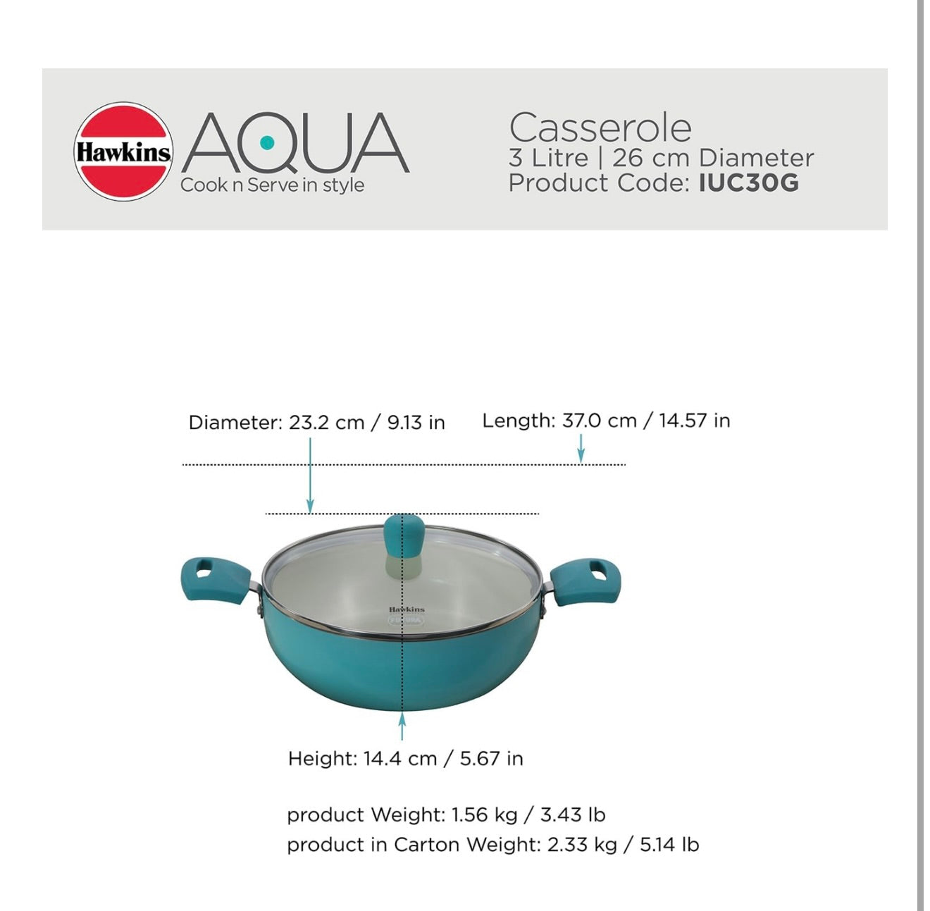 Hawkins 3 Litre Cook n Serve Casserole, Aqua Casserole with Glass Lid, Aqua Blue (IUC30G)