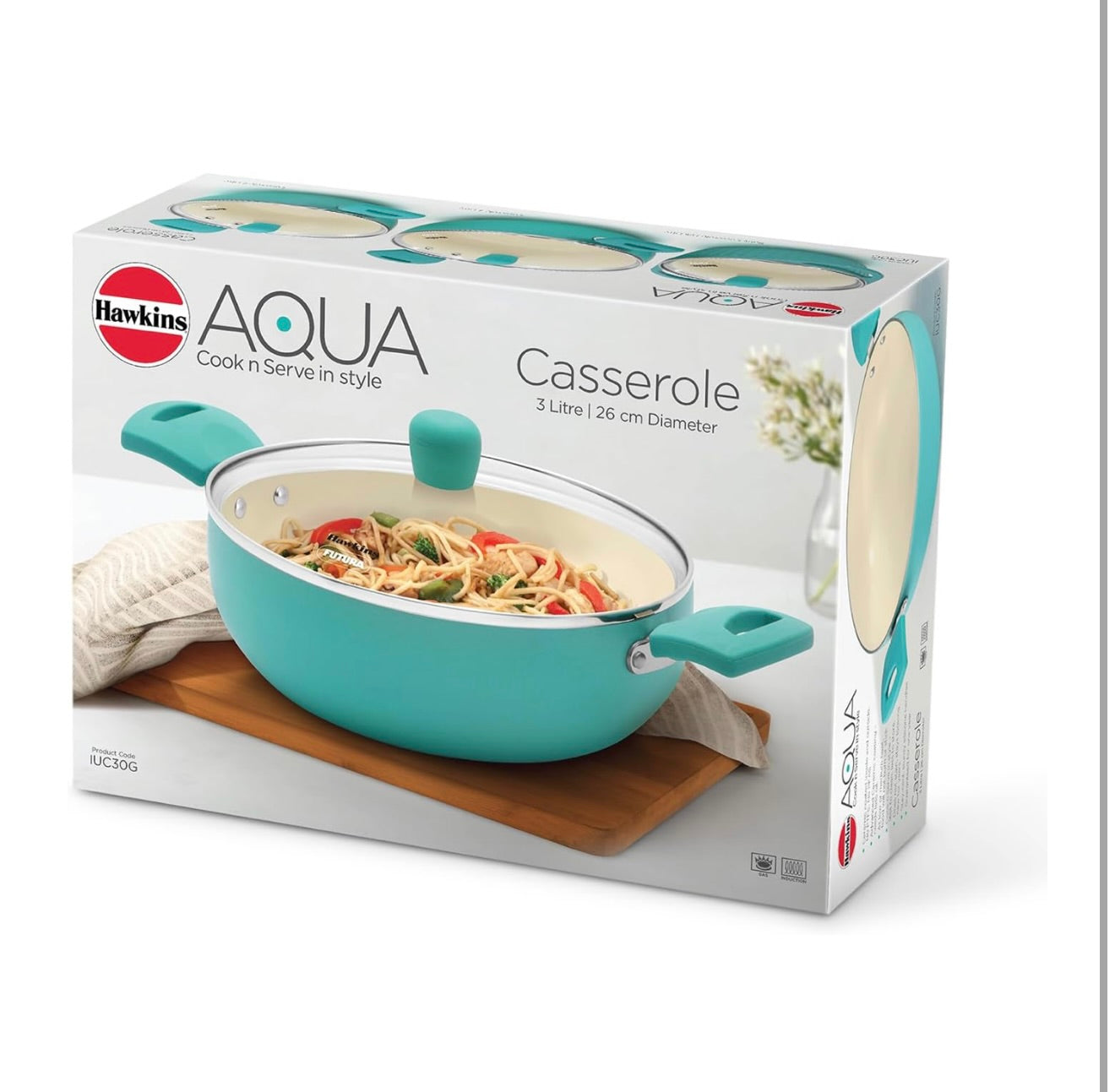 Hawkins 3 Litre Cook n Serve Casserole, Aqua Casserole with Glass Lid, Aqua Blue (IUC30G)