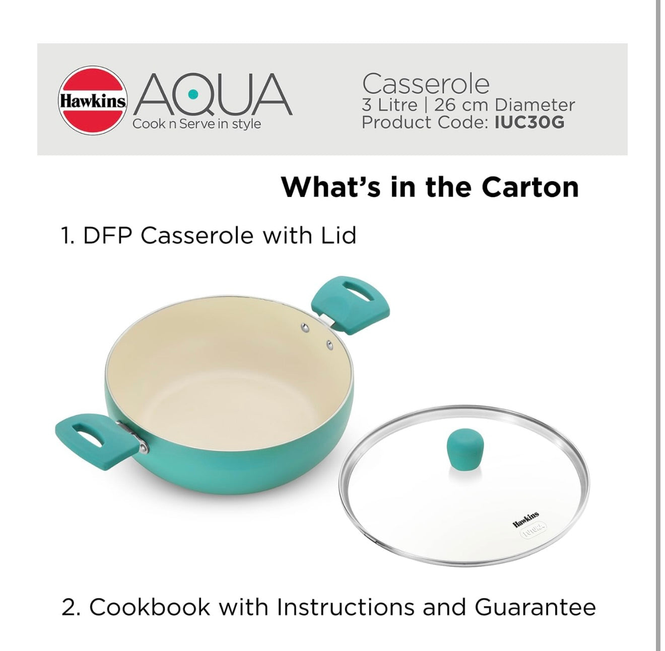 Hawkins 3 Litre Cook n Serve Casserole, Aqua Casserole with Glass Lid, Aqua Blue (IUC30G)