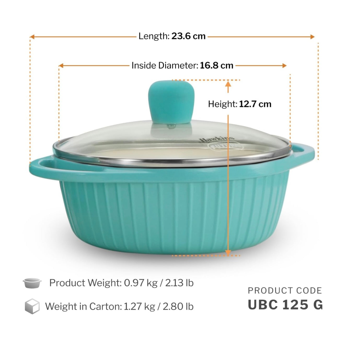 Hawkins 1.25 Litre Casserole, Aqua Baby Casserole with Glass Lid, Aqua Blue (UBC125G)