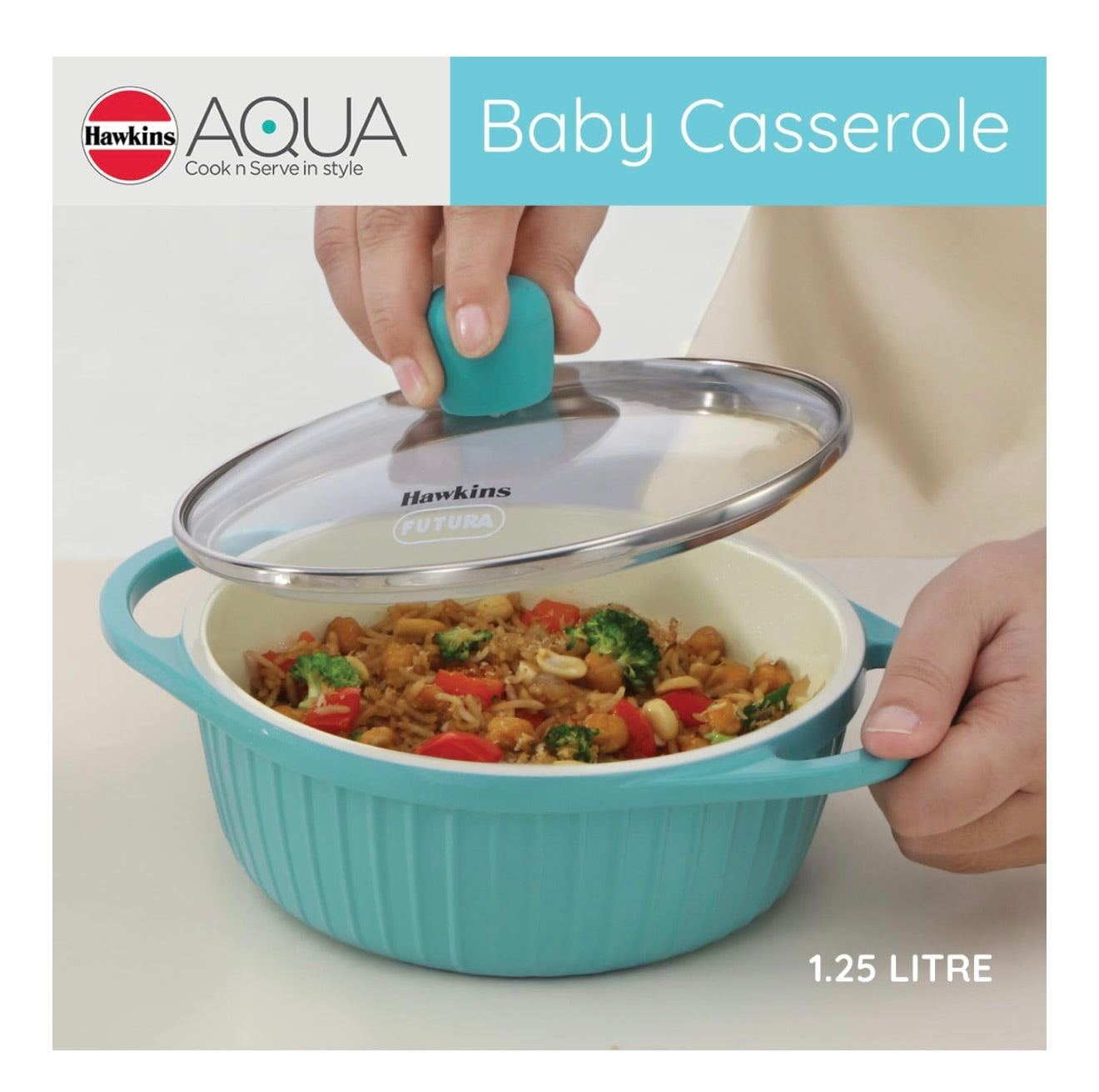 Hawkins 1.25 Litre Casserole, Aqua Baby Casserole with Glass Lid, Aqua Blue (UBC125G)